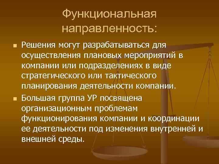 Функциональная направленность: n n Решения могут разрабатываться для осуществления плановых мероприятий в компании или