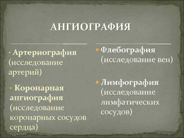 АНГИОГРАФИЯ • Артериография (исследование артерий) • Коронарная ангиография (исследование коронарных сосудов сердца) Флебография (исследование