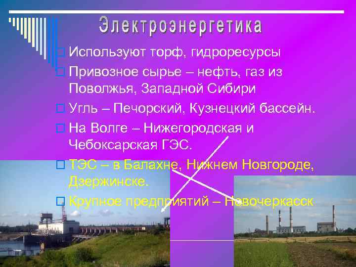 o Используют торф, гидроресурсы o Привозное сырье – нефть, газ из Поволжья, Западной Сибири