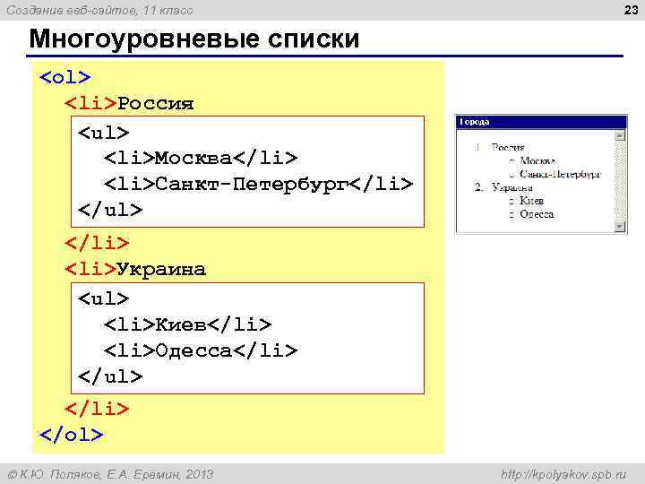 Создание веб-сайтов, 11 класс 23 Многоуровневые списки <ol> <li>Россия <ul> <li>Москва</li> <li>Санкт-Петербург</li> </ul> </li>