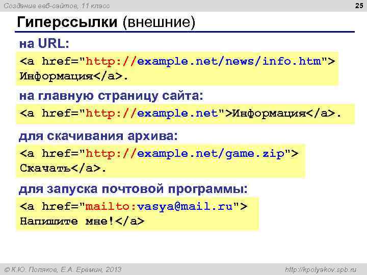 25 Создание веб-сайтов, 11 класс Гиперссылки (внешние) на URL: <a href="http: //example. net/news/info. htm">