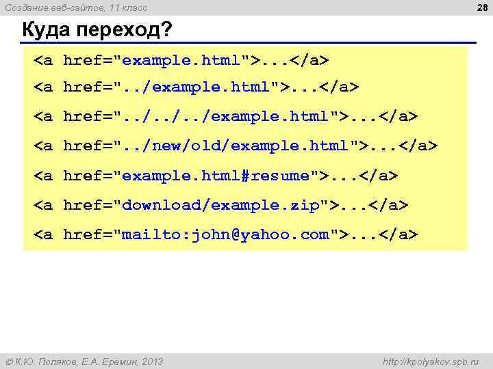 28 Создание веб-сайтов, 11 класс Куда переход? <a href="example. html">. . . </a> <a