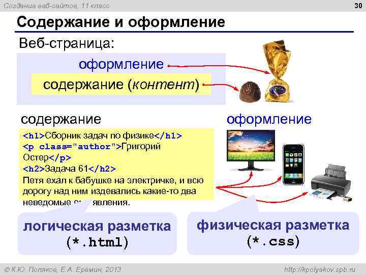 30 Создание веб-сайтов, 11 класс Содержание и оформление Веб-страница: оформление содержание (контент) содержание оформление