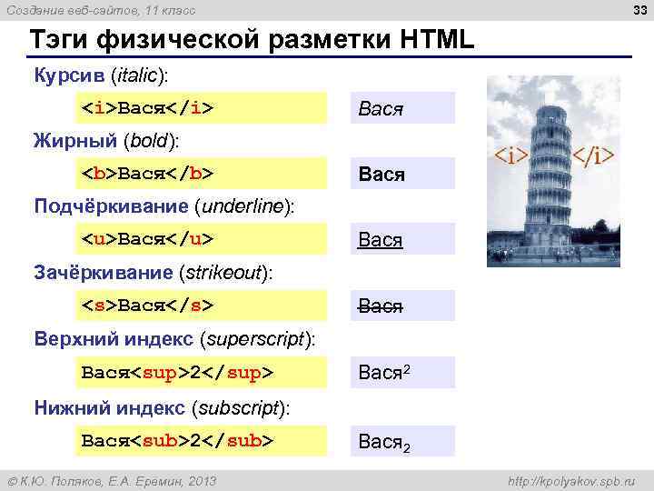 33 Создание веб-сайтов, 11 класс Тэги физической разметки HTML Курсив (italic): <i>Вася</i> Вася Жирный