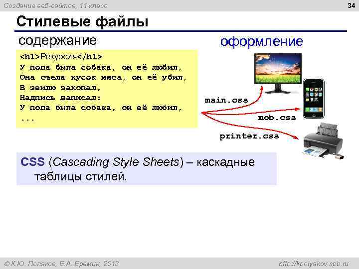 34 Создание веб-сайтов, 11 класс Стилевые файлы содержание <h 1>Рекурсия</h 1> У попа была