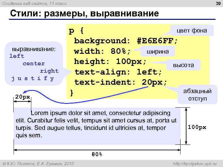 39 Создание веб-сайтов, 11 класс Стили: размеры, выравнивание: left center right j u s