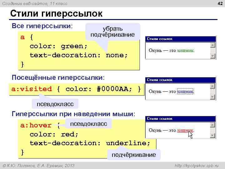 42 Создание веб-сайтов, 11 класс Стили гиперссылок Все гиперссылки: убрать подчёркивание a { color: