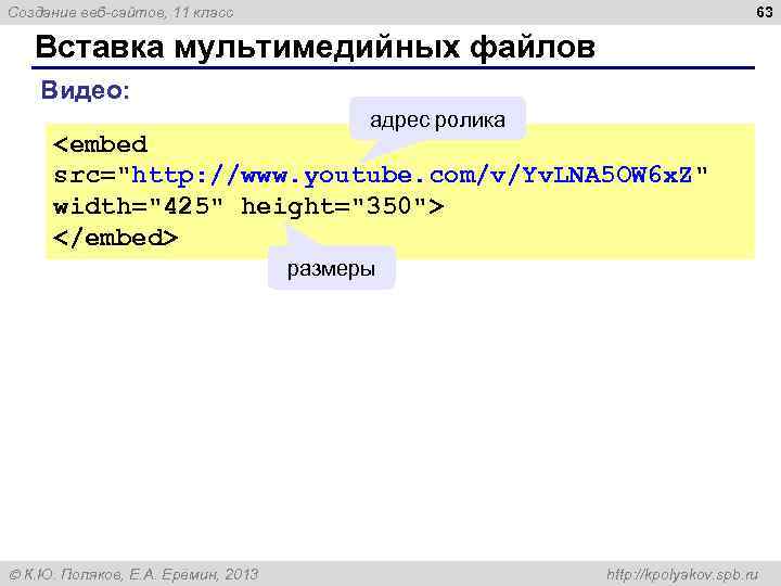 63 Создание веб-сайтов, 11 класс Вставка мультимедийных файлов Видео: адрес ролика <embed src="http: //www.