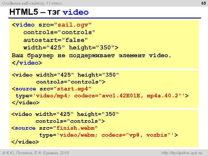 65 Создание веб-сайтов, 11 класс HTML 5 – тэг video <video src="sail. ogv" controls="controls"