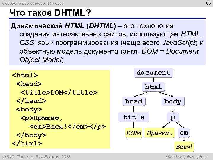 86 Создание веб-сайтов, 11 класс Что такое DHTML? Динамический HTML (DHTML) – это технология