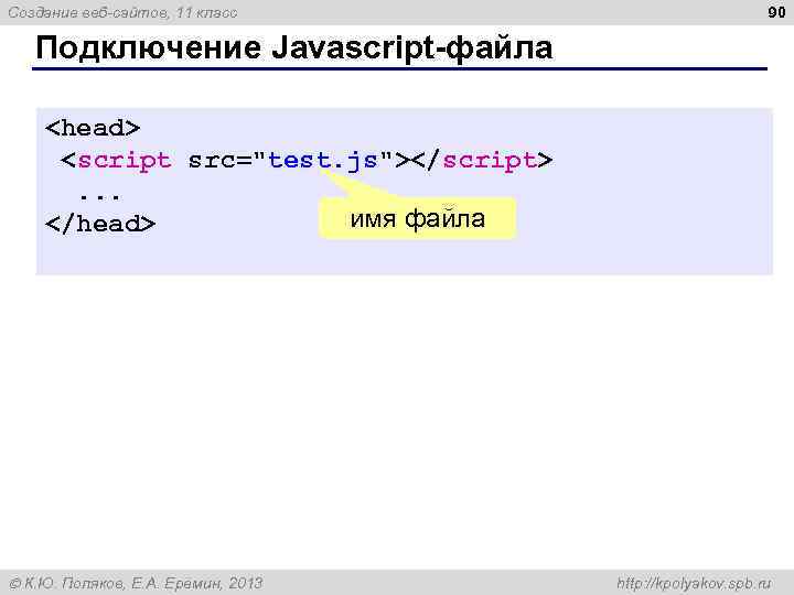 Создание веб-сайтов, 11 класс 90 Подключение Javascript-файла <head> <script src="test. js"></script>. . . имя