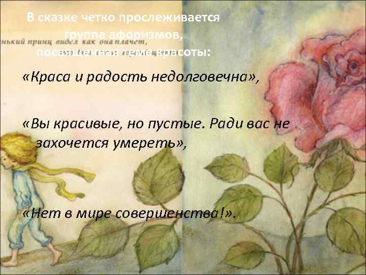 В сказке четко прослеживается группа афоризмов, посвященная теме красоты: «Краса и радость недолговечна» ,