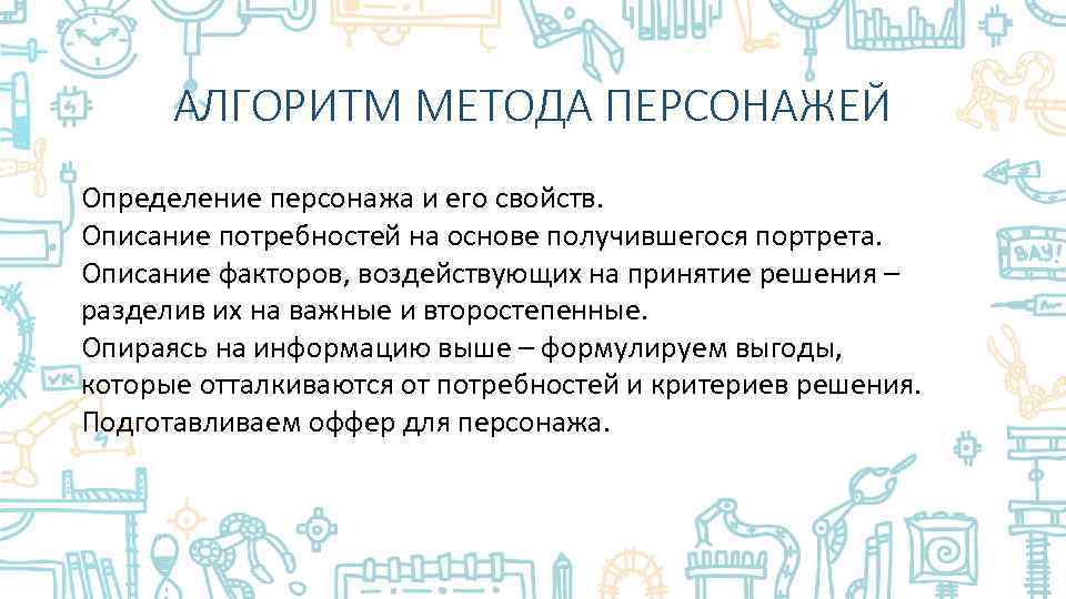 АЛГОРИТМ МЕТОДА ПЕРСОНАЖЕЙ Определение персонажа и его свойств. Описание потребностей на основе получившегося портрета.