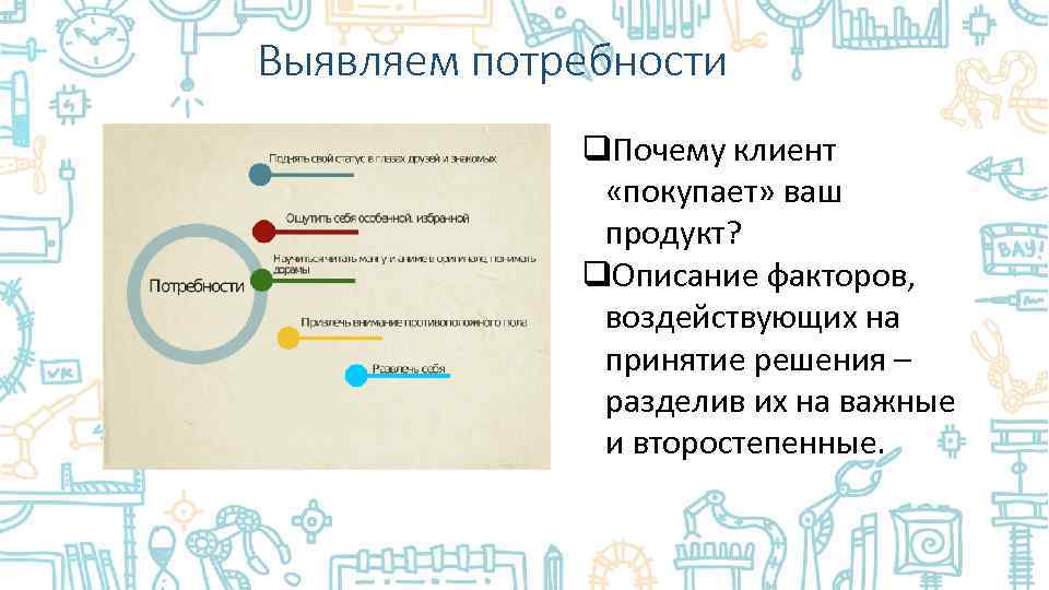 Выявляем потребности q. Почему клиент «покупает» ваш продукт? q. Описание факторов, воздействующих на принятие