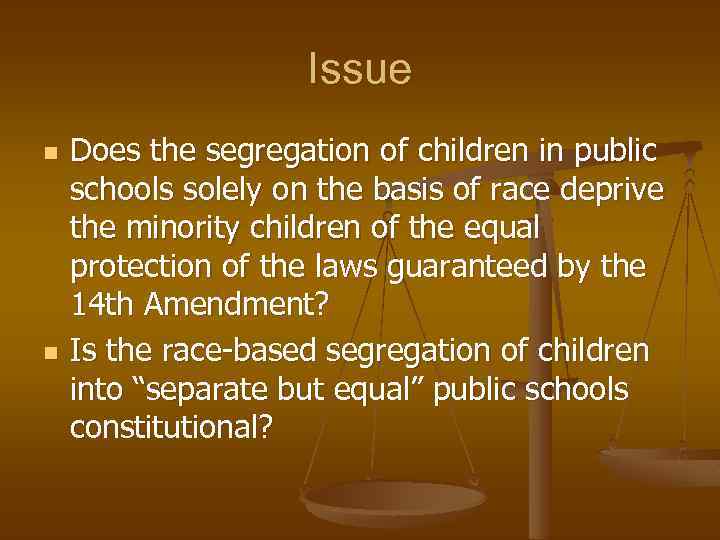 Issue n n Does the segregation of children in public schools solely on the