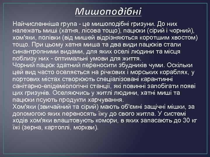 Мишоподібні Найчисленніша група - це мишоподібні гризуни. До них належать миші (хатня, лісова тощо),