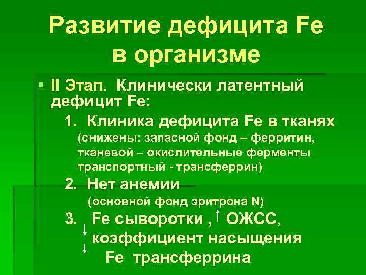 Развитие дефицита Fe в организме § II Этап. Клинически латентный дефицит Fe: 1. Клиника