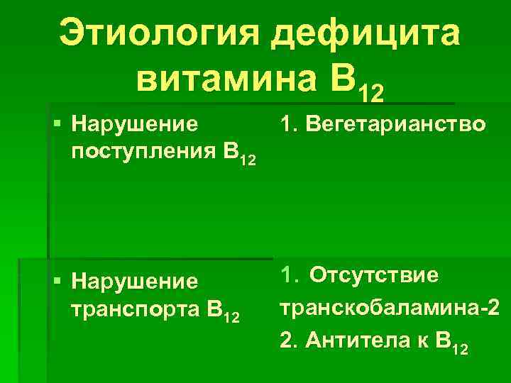 Этиология дефицита витамина B 12 § Нарушение поступления B 12 1. Вегетарианство § Нарушение