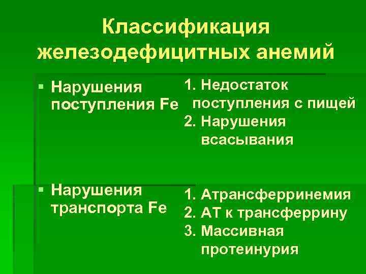 Классификация железодефицитных анемий 1. Недостаток § Нарушения поступления Fe поступления с пищей 2. Нарушения