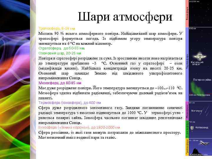 Шари атмосфери Тропосфера, 8 -18 км Містить 90 % всього атмосферного повітря. Найщільніший шар