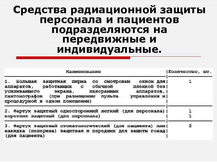 Средства радиационной защиты персонала и пациентов подразделяются на передвижные и индивидуальные. 