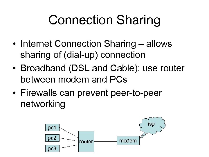 Connection Sharing • Internet Connection Sharing – allows sharing of (dial-up) connection • Broadband