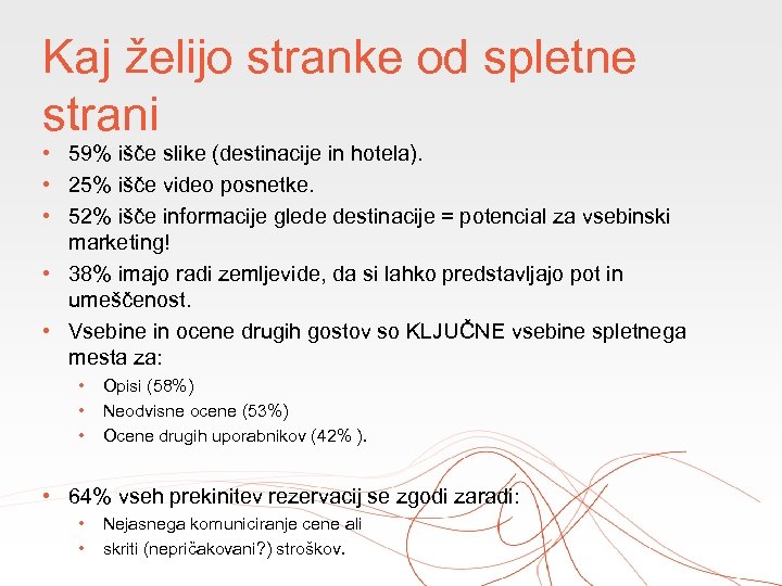 Kaj želijo stranke od spletne strani • 59% išče slike (destinacije in hotela). •