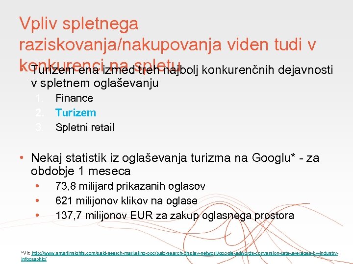 Vpliv spletnega raziskovanja/nakupovanja viden tudi v konkurenci na spletu • Turizem ena izmed treh