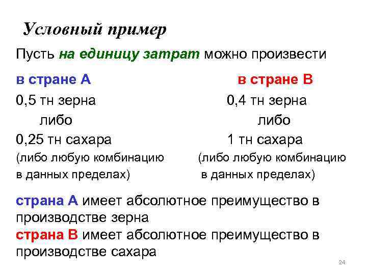 Условный пример Пусть на единицу затрат можно произвести в стране А 0, 5 тн