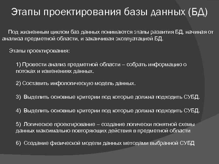 Этапы проектирования базы данных (БД) Под жизненным циклом баз данных понимаются этапы развития БД,