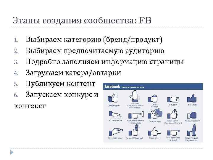 Этапы создания сообщества: FB Выбираем категорию (бренд/продукт) 2. Выбираем предпочитаемую аудиторию 3. Подробно заполняем