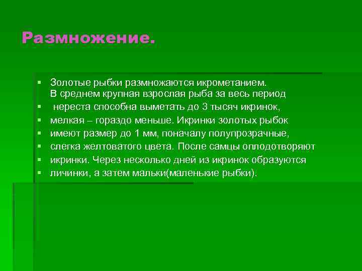 Размножение. § Золотые рыбки размножаются икрометанием. В среднем крупная взрослая рыба за весь период