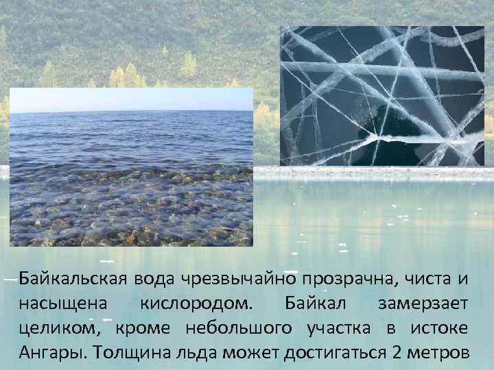 Байкальская вода чрезвычайно прозрачна, чиста и насыщена кислородом. Байкал замерзает целиком, кроме небольшого участка