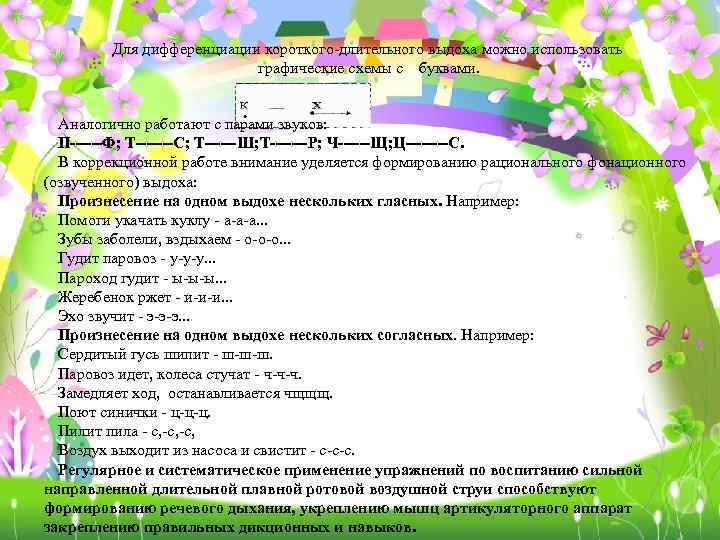 Для дифференциации короткого-длительного выдоха можно использовать графические схемы с буквами. Аналогично работают с парами