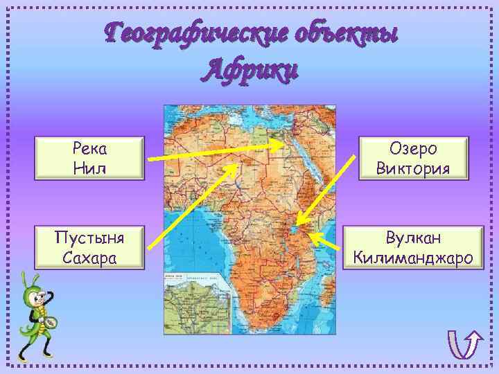 Географические объекты Африки Река Нил Озеро Виктория Пустыня Сахара Вулкан Килиманджаро 