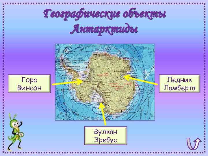 Географические объекты Антарктиды Гора Винсон Ледник Ламберта Вулкан Эребус 