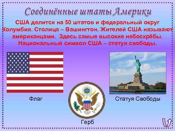 США делится на 50 штатов и федеральный округ Колумбия. Столица – Вашингтон. Жителей США