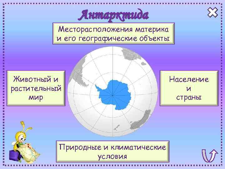 Антарктида Месторасположения материка и его географические объекты Животный и растительный мир Природные и климатические