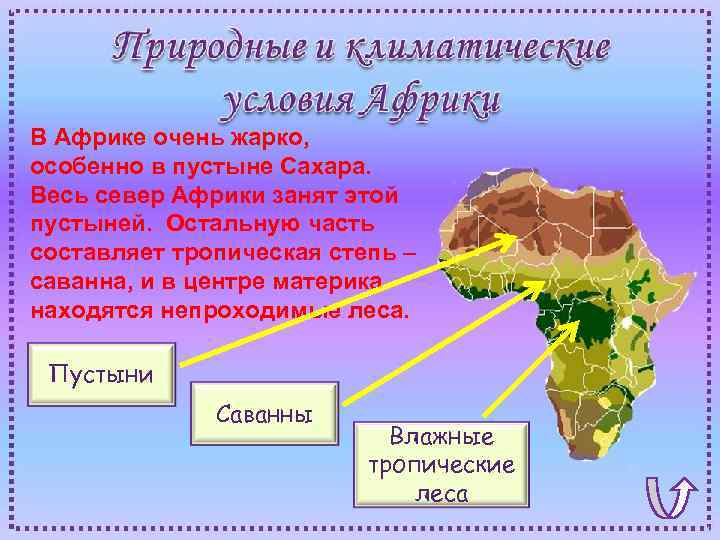 В Африке очень жарко, особенно в пустыне Сахара. Весь север Африки занят этой пустыней.