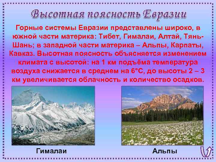 Горные системы Евразии представлены широко, в южной части материка: Тибет, Гималаи, Алтай, Тянь. Шань;