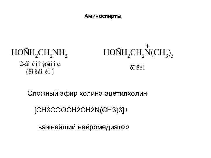 Аминоспирты Сложный эфир холина ацетилхолин [CH 3 COOCH 2 N(CH 3)3]+ важнейший нейромедиатор 