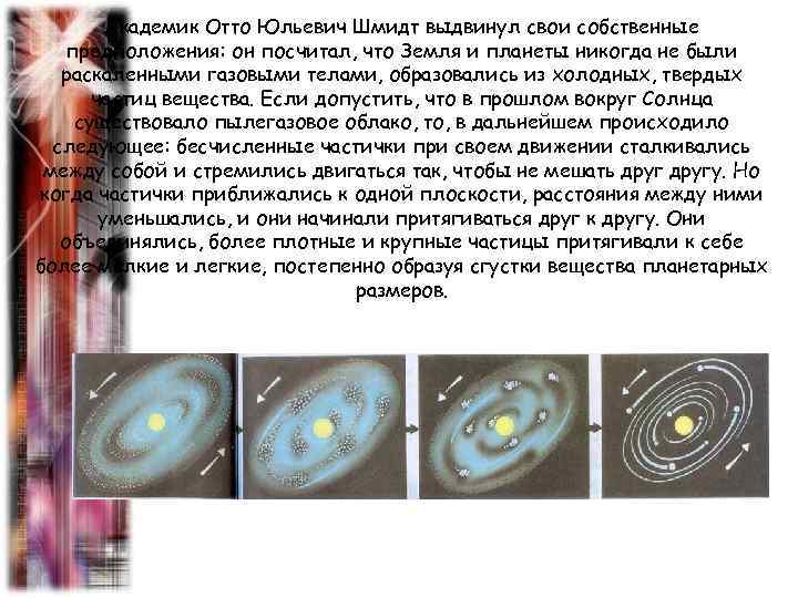 Академик Отто Юльевич Шмидт выдвинул свои собственные предположения: он посчитал, что Земля и планеты