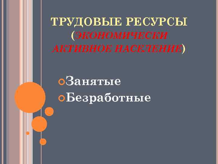 ТРУДОВЫЕ РЕСУРСЫ (ЭКОНОМИЧЕСКИ АКТИВНОЕ НАСЕЛЕНИЕ) Занятые Безработные 