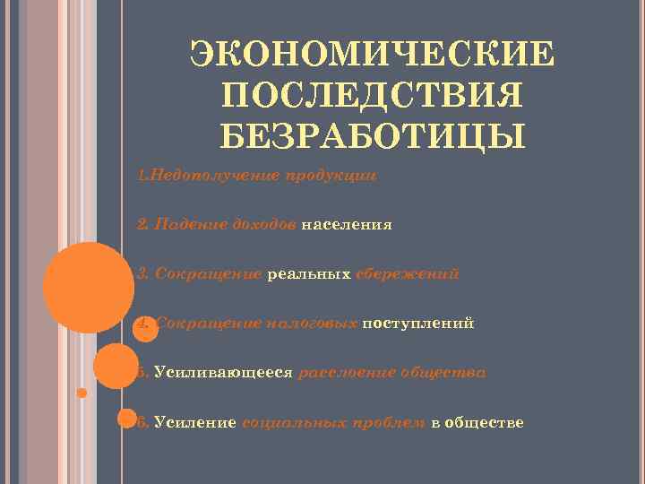 ЭКОНОМИЧЕСКИЕ ПОСЛЕДСТВИЯ БЕЗРАБОТИЦЫ 1. Недополучение продукции 2. Падение доходов населения 3. Сокращение реальных сбережений