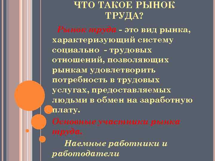 ЧТО ТАКОЕ РЫНОК ТРУДА? Рынок труда - это вид рынка, характеризующий систему социально -