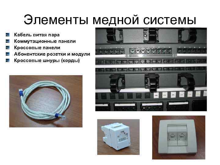 Элементы медной системы Кабель витая пара Коммутационные панели Кроссовые панели Абонентские розетки и модули