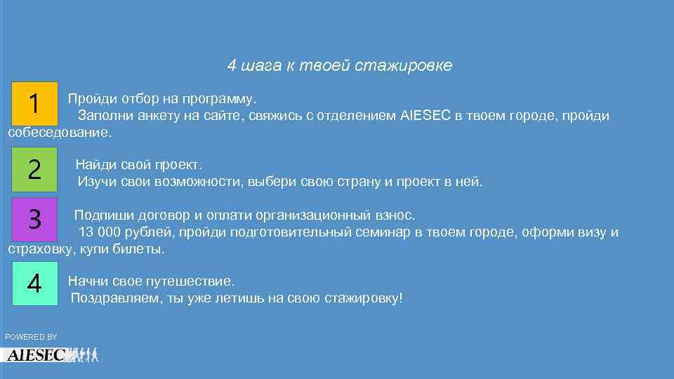 4 шага к твоей стажировке 1 Пройди отбор на программу. Заполни анкету на сайте,