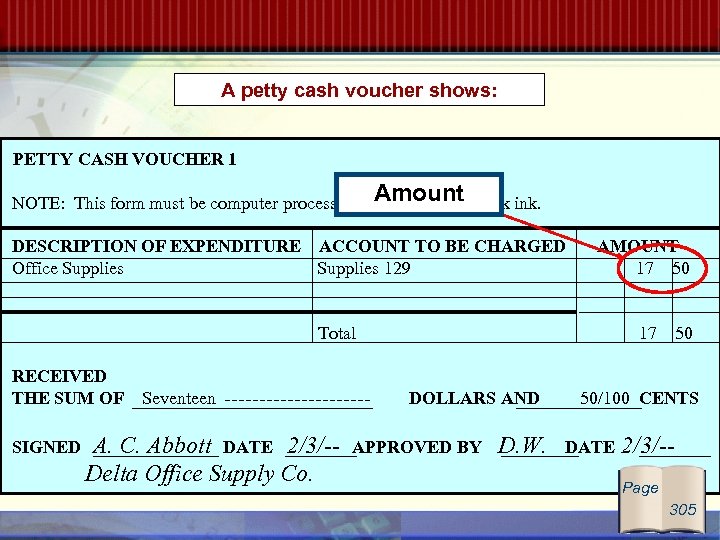 A petty cash voucher shows: PETTY CASH VOUCHER 1 Amount NOTE: This form must