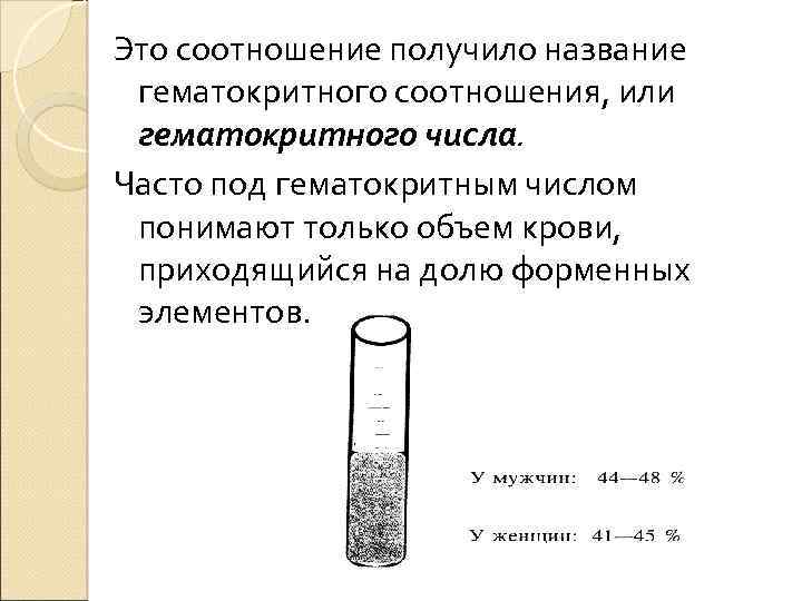 Это соотношение получило название гематокритного соотношения, или гематокритного числа. Часто под гематокритным числом понимают