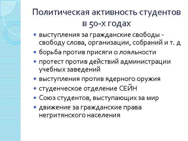 Политическая активность студентов в 50 -х годах выступления за гражданские свободы свободу слова, организации,